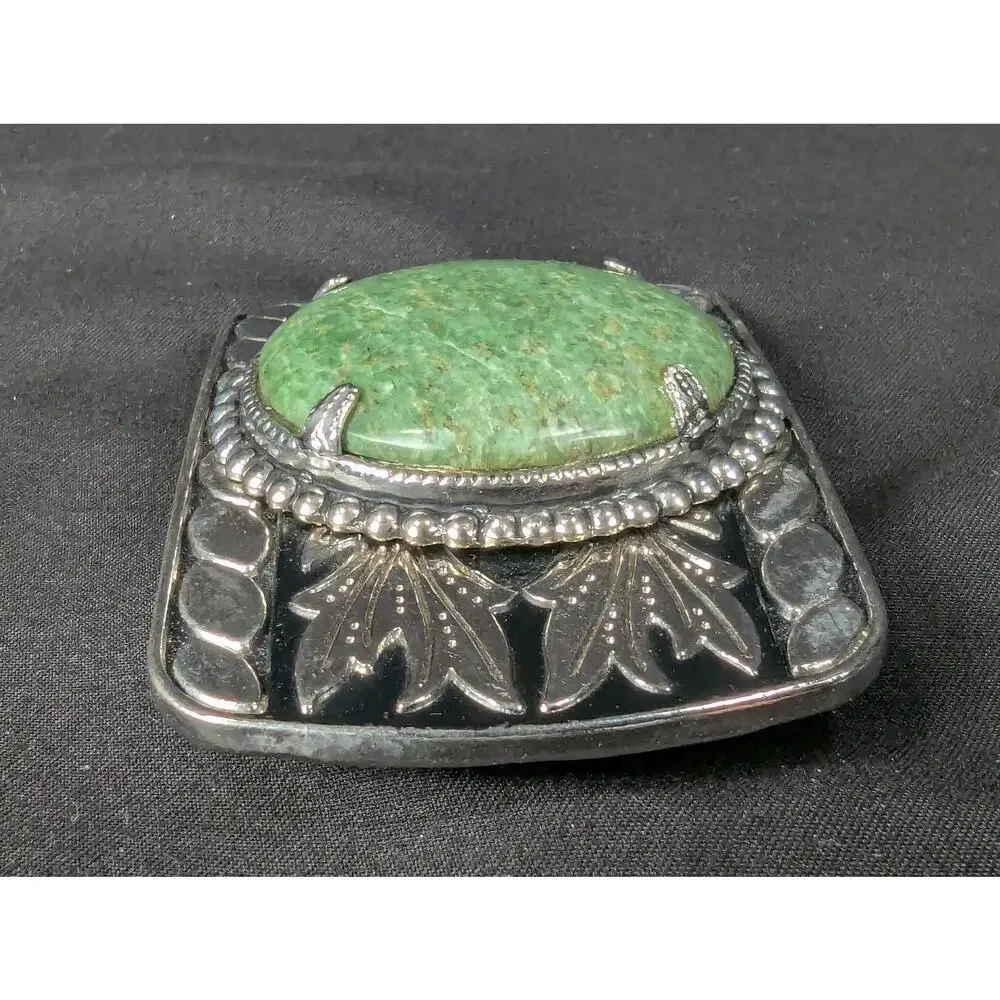 Vintage Western Style Belt Buckle Green Stone Cabochon Leaf Motif Women Acces...
